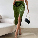 PICSGIRL  -  Sexy Plain  Side Slip Velvet Skirt Ruched Front Green Slim Fit Skirt Autumn Party Cocktail Bodycon Wrap Women Outerwear Clothing