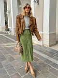 PICSGIRL  -  New Green Suede Chic Autumn Women Skirt Zipper High Waist Fashion Long Skirts Slit Eleagnt Lady Straight Skirt Winter New