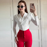 PICSGIRL  -  Cross-Neck Slim Long Sleeve Crop Top For Women Elegant Ruched Solid T shirt Autumn Fashion Versatile Female Pullovers