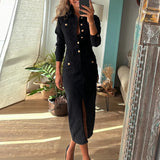 PICSGIRL  -  Women Fashion Lapel Collar Solid Denim Dress Elegant Single-breasted Waist Slim Long Dress Sexy Long Sleeve Split Party Dresses