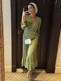 PICSGIRL  -  Fashion Ruffles Hem Single Breasted Solid Knitted Maxi Dress Chic V Neck Long Sleeves Slim Long Dresses Fashion Lady Street Robe