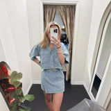 PICSGIRL  -  Fashion Casual Denim Skirt Women Set Short Skirt 2024 Summer New Turn Down Collar Short Sleeve Pullovers Top+Skirt Two Piece Set