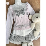 PICSGIRL  -  Japanese Sweet Preppy Style Skirt Set Women Kawaii Lace Patchwork Bow Tops + Y2k Plaid Mini Skirt Elegant Outifits 2 Piece Set