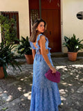 PICSGIRL  -  Blue Hollow Out Embroidered Midi Dress Women Summer New V Neck Sleeveless Ruffle Long Dresses Elegant Fashion Holiday Vestidos