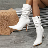 PICSGIRL  -  Fashion White Pleated Leather Design Boots for Women Sexy Pointed Toe Zip Thin High Heels Booties Shoes Pumps Botas Mujer