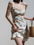 PICSGIRL  -  Elegant Floral Print Ruffles Mini Dress for Women Summer New Suspender Dress A-Line Short Dress Casual Vestidos