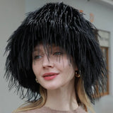 PICSGIRL  -  Luxury Plush Faux Fur Bucket Hats For Women Fashion Winter Ostrich Feather Female Thicken Warm Fisherman Caps Party Panama Bob