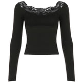 PICSGIRL  -  Lace Trim Crew Neck Long Sleeve T-shirt Vintage Y2K Black Fitted Crop Top Spring Casual Basic Elegant Lady Top Street