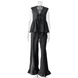 PICSGIRL  -  Black Elegant Summer Suits For Women New V Neck Lace-up Sleeveless Tank Top+Ruffle Trouser Fashion Casual Pants Sets 2 Piece Set