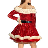 PICSGIRL  -  Women Plush Trim Sequins Long Sleeve Off Shoulder Dress Party Costume Christmas Costume Santa Cosplay Dress