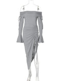 PICSGIRL  -  Grey Fashion Drawstring Long Dress For Women Patchwork Backless Long Sleeve Lace-Up Bandeau Slim Solid Maxi Dress Sexy New