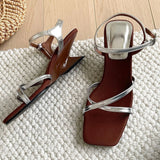 PICSGIRL  -  Square Toe Wedge Sandals Women Open-toe Cross Spaghetti Strap Elegant High Heels Summer New Chunky Heel Fashion Designer Sandals