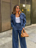 PICSGIRL  -  Women Blue Crop Blazer and Pants Elegant Lapel Long Sleeve Pocket Tops Leg Ankle-Length Long Trousers Office Lady Suit