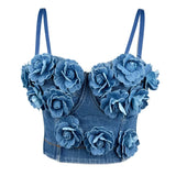 PICSGIRL  -  2025 Women's Handmade 3D Floral Denim Corset Bra Top Fishbone Bustier No Elasticity Push Up Bra Sexy Bralette Lingerie