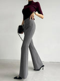 PICSGIRL  -  Elegant Women Grey Flare Suit Pants Loose 2024 Autumn Office Ladies Korean High Waist Pockets Casual  Trousers