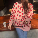 PICSGIRL  -  Sweet Women Sweaters Strawberries Print Long Pullovers Tops Autumn Winter Loose Sueter Mujer Girls Knitwear 