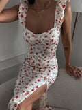 PICSGIRL  -  Printed Slit Backless Long Dress Women's Elegant Lace Contrast Color Slim Sleeveless Hip Summer Evening Dress Long Dress