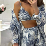 PICSGIRL  -  Women's 2024 Summer New Retro Shirt Suspender Shorts Suit National Style Ink Print Fashion Three-piece Set Vestidos