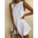 PICSGIRL  -  Summer Women's Sleeveless White Elegant Floral Print Embroidery Dresses Casual Loose Round Neck Vest A-line Dress