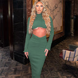 PICSGIRL -  Long Sleeve Crop Top and Long Skirt Set Summer Solid Sexy Bodycon High Collar Shirt Top High Waist Skirts Club Outfit