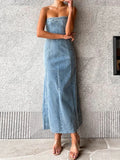 PICSGIRL  -  Side Slit Denim Bodycon Dress For Women Slim Sleeveless Maxi Dresses Women's Street Sexy Streetwear Woman Autumn New