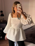 PICSGIRL  -  Fashion Jacquard Square Neck Shirts Women 2024 Summer Elegant Floral Long Lantern Sleeve Blouse Female Chic Lace Up Lady Tops