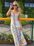 PICSGIRL - Printed Sling Dress Women Deep V-neck Backless Single Breasted Strap Female Dresses 2024 Summer Holiday Elegant Lady Party Robe