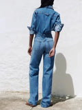 PICSGIRL  -  European And American Style Blue Denim High Waisted Jumpsuit Women'S Spring And Autumn Collar Casual Fashion Pants Straight Leg