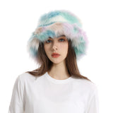 PICSGIRL  -  Autumn Winter Women Keep Warm Rainbow Faux Fox Fur Basin Cap Female Fashion Casual Party Bucket hat Music Festival Thickened Hat