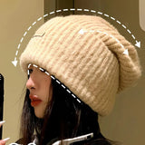 PICSGIRL  -  Knitted Heap Heap Beanie Hat for Women Solid Leather Label Pullover Cap Winter Thickened Warm Woolen Hats Outdoor Cycling Bonnet