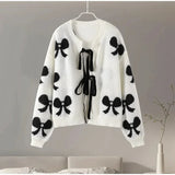 PICSGIRL  -  Bow Lace Up Knitted Women Sweater Preppy Hollow Out O-neck Long Sleeve Female Cardigan Autumn Patchwork Lady Knitwear