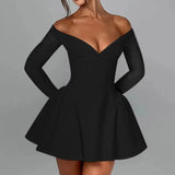 PICSGIRL  -  Sexy Off Shoulder Backless Mini Dress Women Deep V Neck Slim Long Sleeve A-line Dresses 2025 Lady Elegant Solid Party Ball Gowns