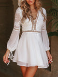 PICSGIRL  -  Long Sleeve Beach Dress Sexy White Backless Lace Dress Summer V-neck Elegant Women Hollow Out Short Dress Lace Up