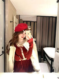 PICSGIRL  -  Sexy Two piece Set Women Outfits Winter New Christmas and New Year Dark Red Waist Cinched Slim Knitted Sweater Top Short Skirt