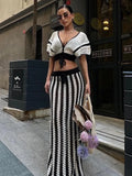 PICSGIRL  -  Bohemia Striped Knit Skirts Sets Women Sexy Hollow Out Holidays Party Outfits Summer Elegant Maxi Skirts Two Piece Sets 2024