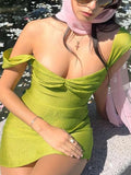 PICSGIRL  -  Sexy V-neck Ruched Women Dress Green Spaghetti Strap High Waist Dress Female Summer Skinny Elegant Party Clubwear 2024