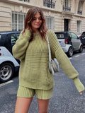 PICSGIRL  -  Knitted Solid Women Sweater Sets Crochet O Neck Full Sleeves Lady Pullover Set 2024 Autumn Casual Fashion Wide Leg Shorts Suit