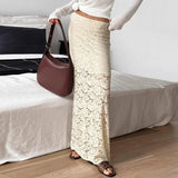 PICSGIRL  -  Elegant Lace See-through Long Skirt Women's Sexy Patchwork Skirt Solid Casual Loose High Waist Slim Retro Long Skirt Y2k