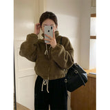 PICSGIRL  -  Cropped Lamb Wool Coat Women Streetwear Stand Zipper Short Jacket Winter Korean Solid Simple Warm Casual All Match Outerwear New