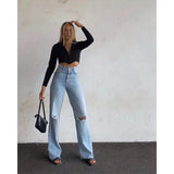 PICSGIRL  -  Jeans Pants Women Washed HOLE Out Floor Length Denim Pants Tassels