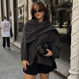 PICSGIRL  -  Fashion Asymmetric Scarf Knitted Jacket Women O Neck Single Button Side Slit Solid Loose Coat Winter New Female Chic Outerwear