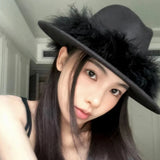 PICSGIRL  -  Black Fedora Hat For Women Men British Style Outdoor Flat Brim Top Hat Female Ostrich Fur Furry Wide Brim Party Cap Lady