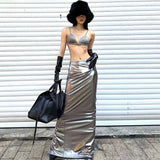 PICSGIRL  -  Y2K Lady Metallic Silver PU Leather Long Skirts Low Elastic Waist Maxi Skirts Summer Party Women Sexy Metallic Color Slim Skirts