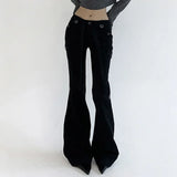 PICSGIRL  -  Low Rise Flare Jeans Women Grunge Y2k Cargo Pants 90s Vintage Clothes Black Brown Denim Trousers Streetwear