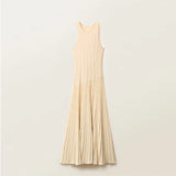 PICSGIRL  -  Chic Patchwork Pleated Dress Women O-neck Sleeveless A-line Ankle-length Dresses Female 2025 Spring Summer Minimalism Lady Robe