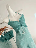 PICSGIRL  -  Vacation Style Women's Summer Mint Green Halter Neck Strap Top High-waisted Wide-leg Pants Two-piece Set Fashion Female Clothes