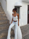 PICSGIRL  -  Simple Letter Print 2 Piece Set Women Halter Bandage Crop Tops+Drawstring Stretch Flare Pants Vacation Matching Suits