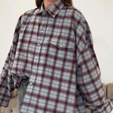 PICSGIRL -  Woman Vintage Plaid Blouses Long Sleeve Oversize Casual Shirt Tops with Pockets Autumn Winter Women's Clothing