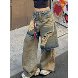 PICSGIRL  -  2024 Autumn Punk Sexy Vintage Ripped Harajuku Loose Jeans Y2K Hollow Out Trashy Pants Women's BaggyTassels Denim Trouser