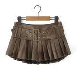 PICSGIRL  -  Korean Fashion Faux Leather Skirts For Woman Mini Skirts Low Waist Summer Vintage PU Leather Pleated Skirt With Belt Brown